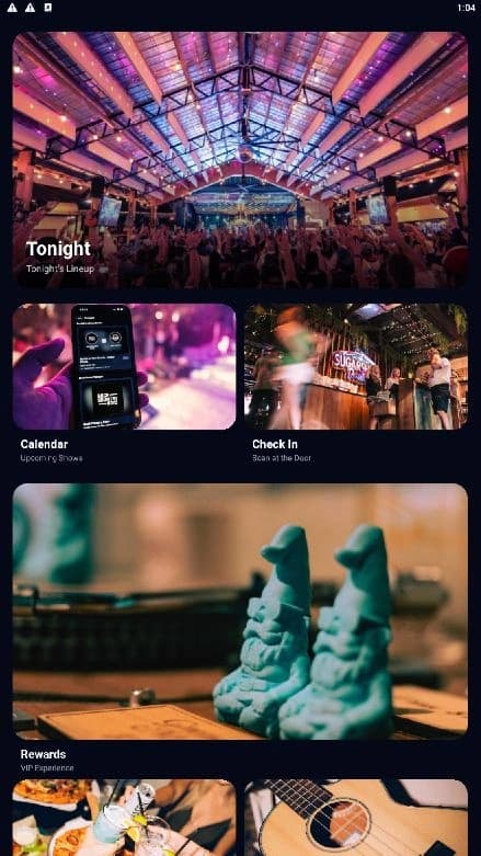 Sugarshack Downtown’s real venue-branded app, with Tonight, Calendar, Check In and Rewards