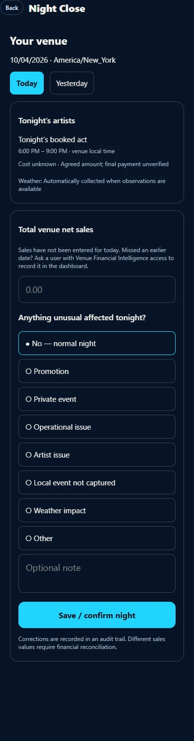 Night Close in the KUEVY app with the night's acts, total net sales and Save / confirm night