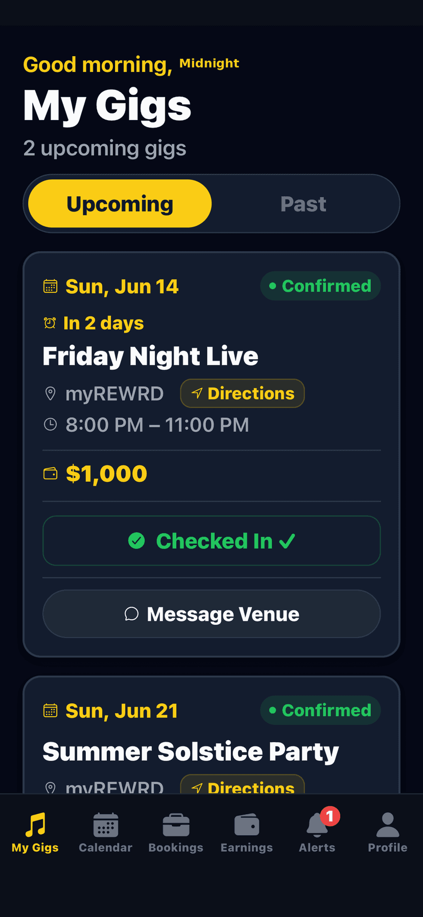 My Gigs screen in the myREWRD Artist App
