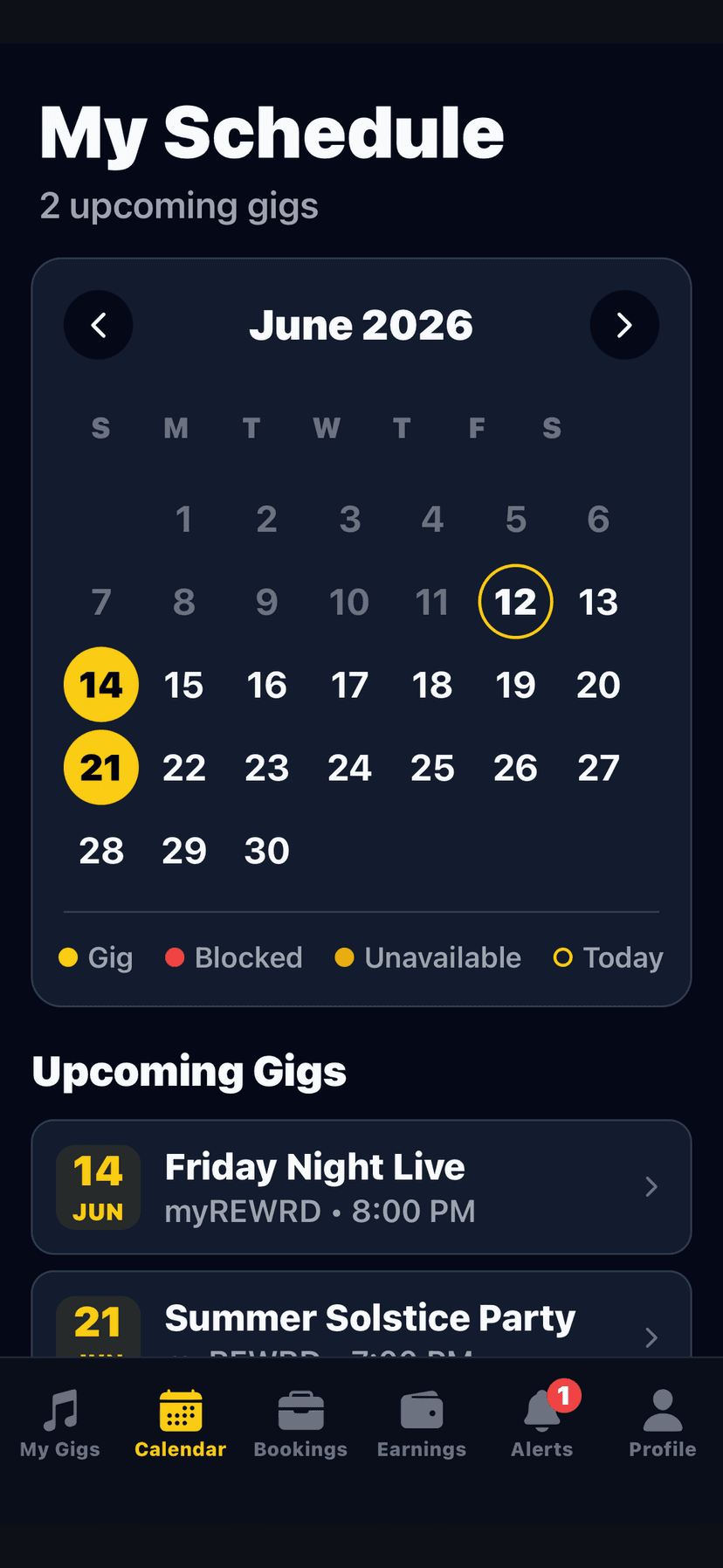 Calendar screen in the myREWRD Artist App