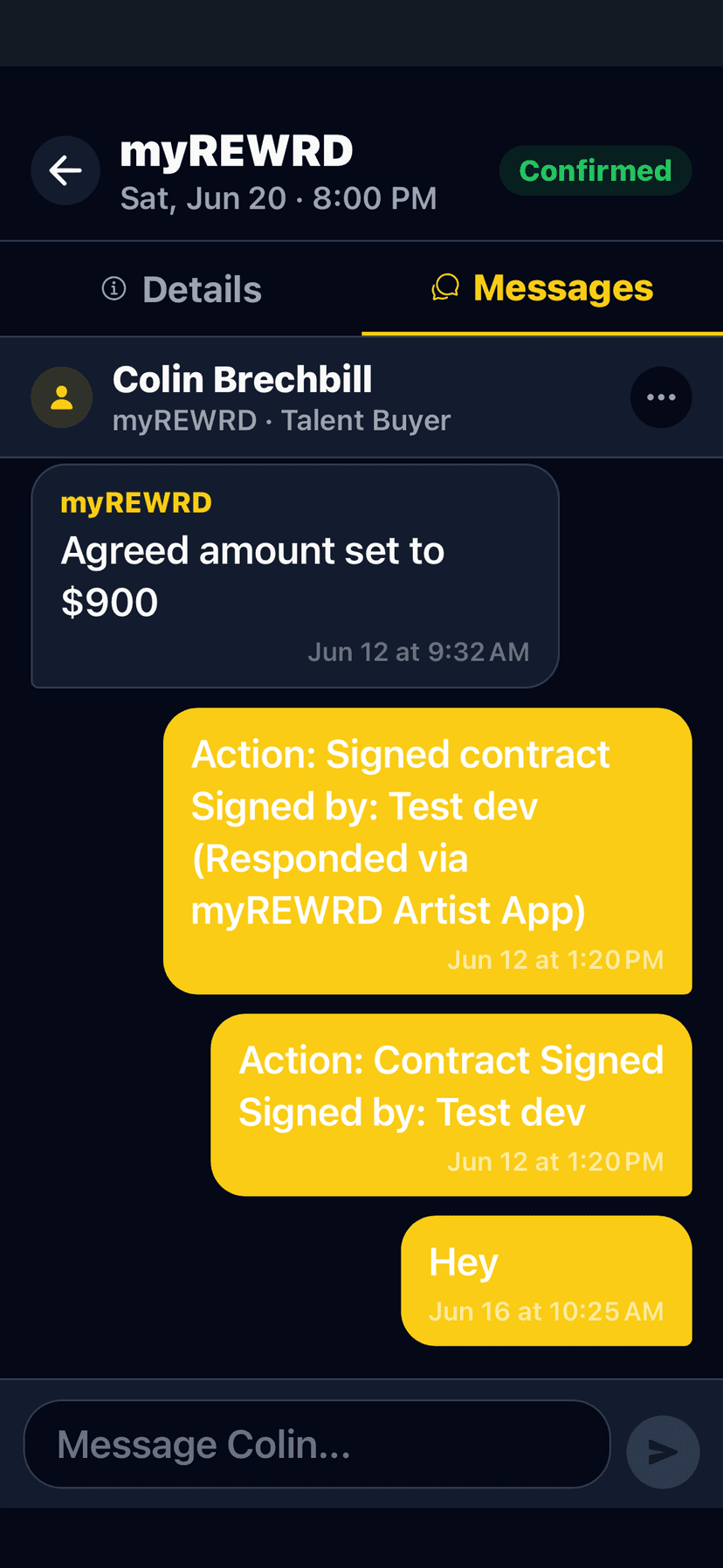 Messages screen in the myREWRD Artist App