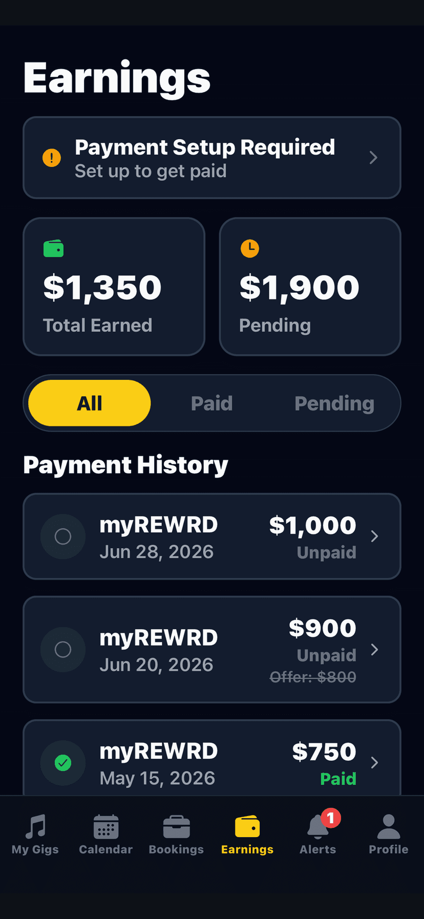 Earnings screen in the myREWRD Artist App