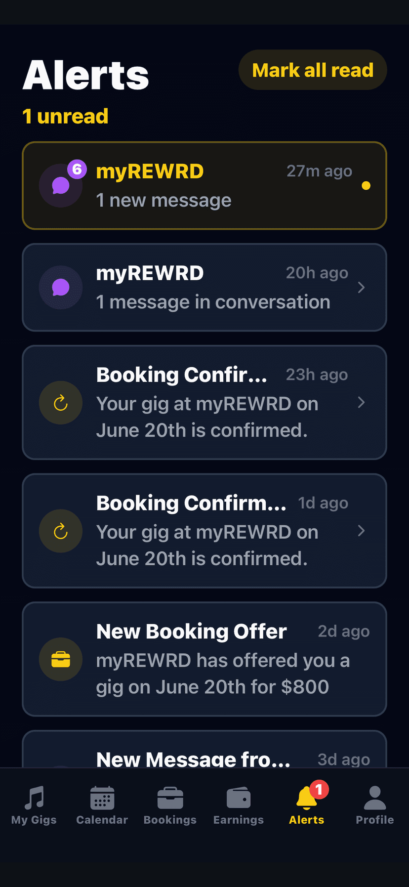 Alerts screen in the myREWRD Artist App