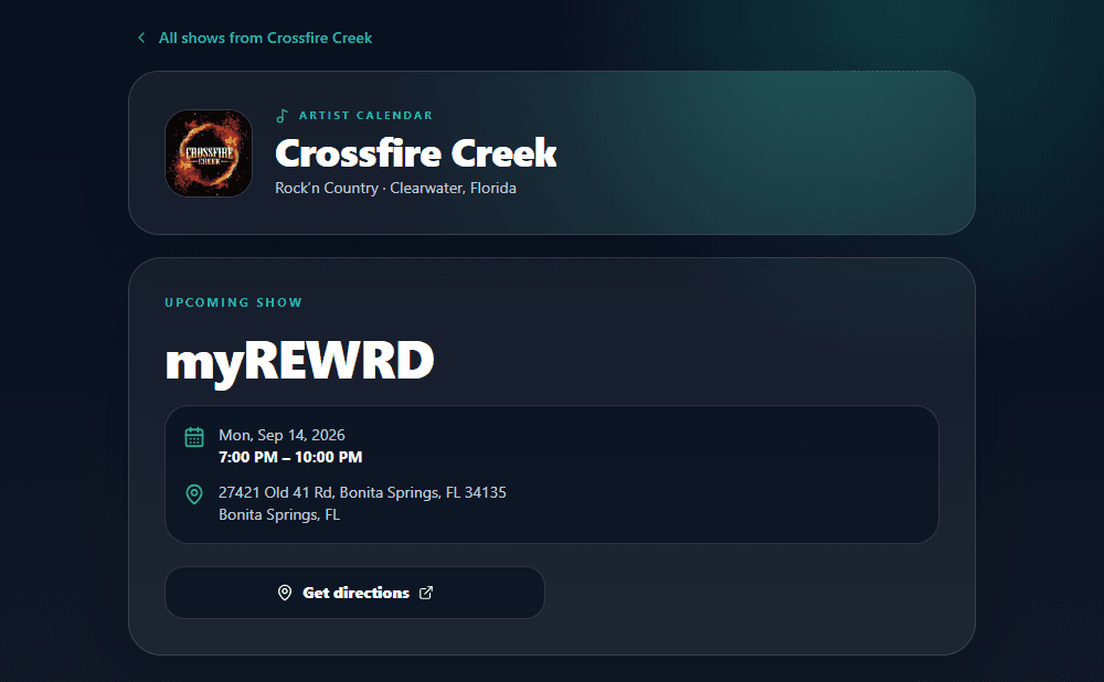 Crossfire Creek’s public artist-calendar show page for myREWRD on September 14, 2026, from 7 to 10 PM