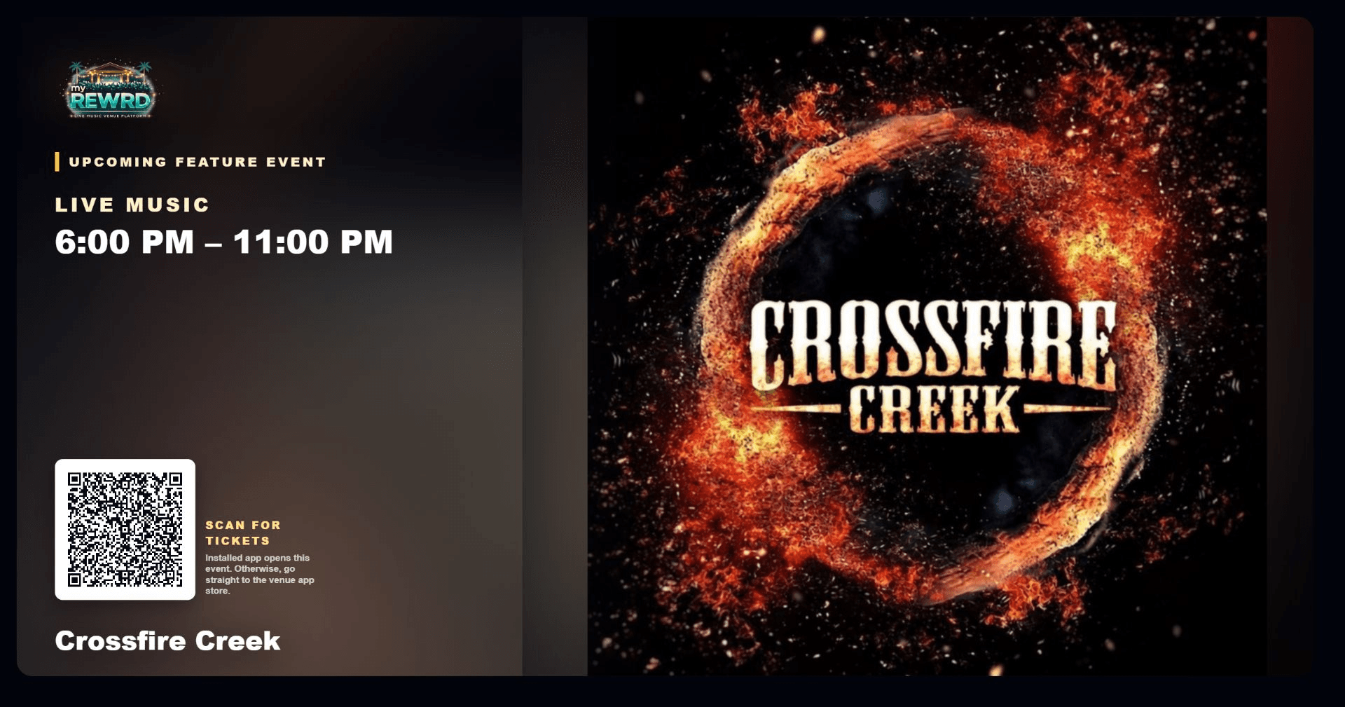 Crossfire Creek ticket-conversion TV layout with artist artwork and Scan for tickets QR