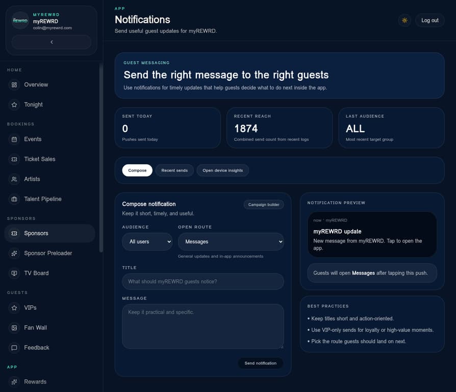 Existing venue notification composer with audience, open route, title, message and notification preview
