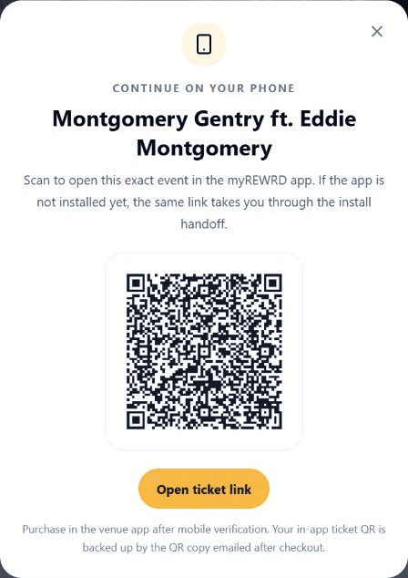 Actual Continue on your phone ticket handoff for Montgomery Gentry with exact-event QR and Open ticket link