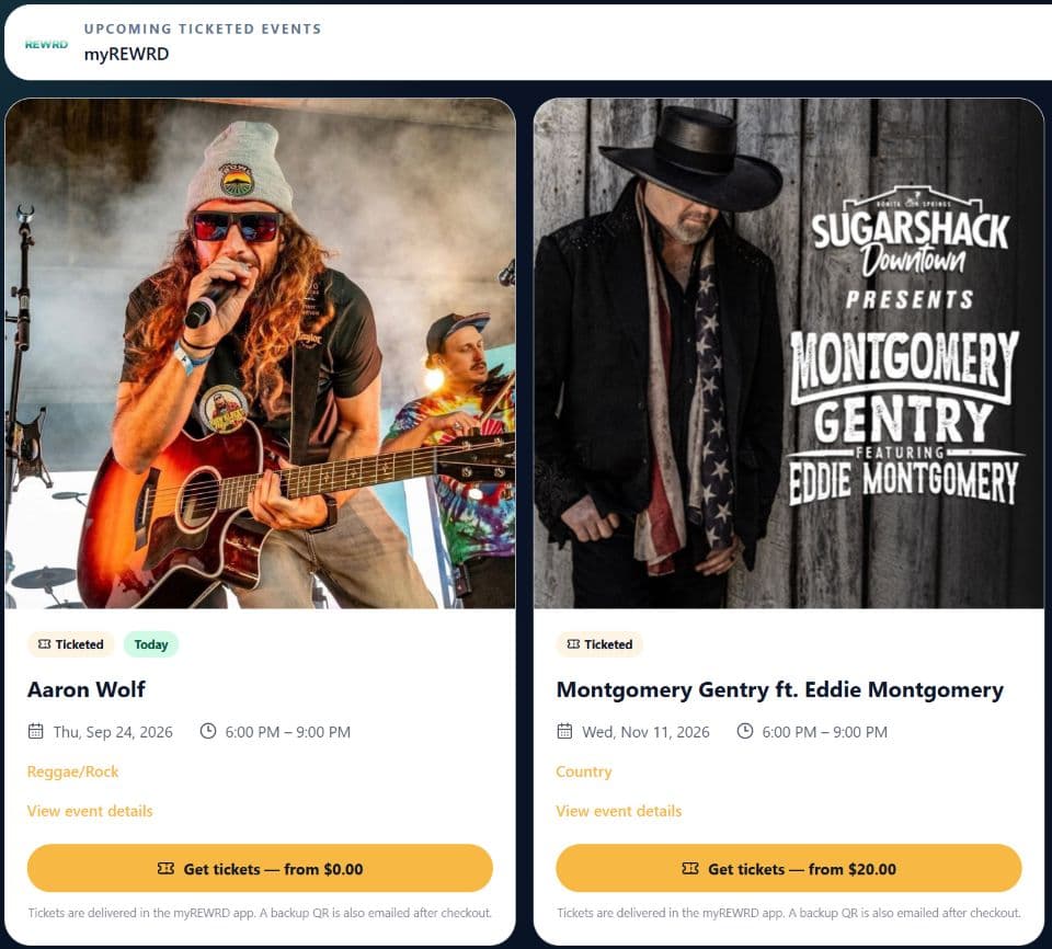 Actual venue ticket storefront showing Aaron Wolf and Montgomery Gentry with ticket prices and event details