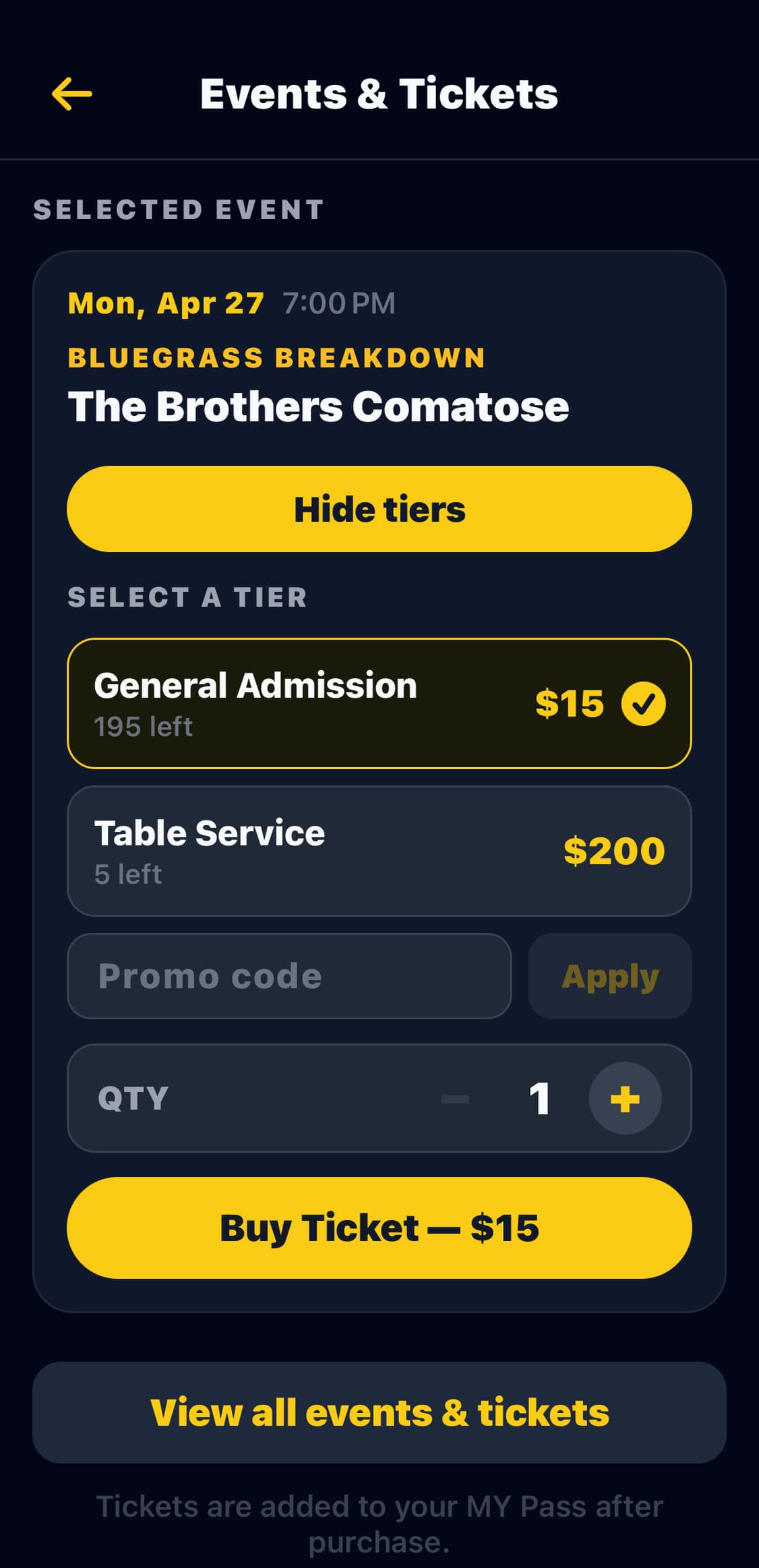 Authentic venue-app ticket screen showing event, ticket tiers, quantity and buy ticket action